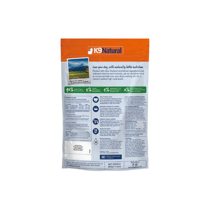 K9 Natural pet food back side of package on a white background