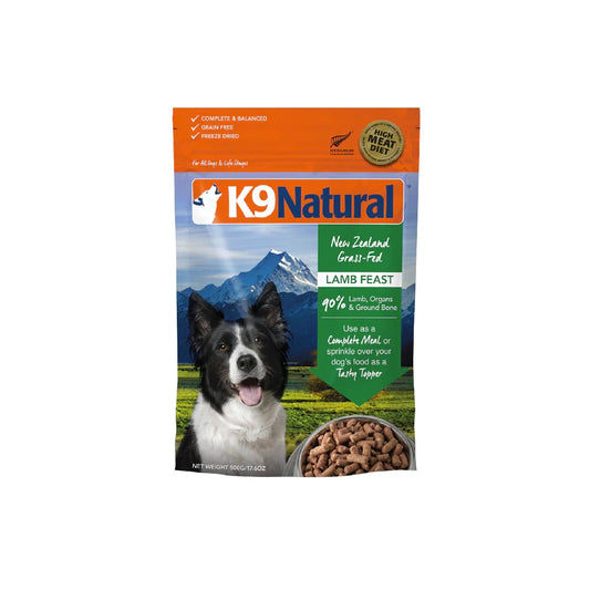 K9 Natural dog food package with a mountain and dog illustration on a white background