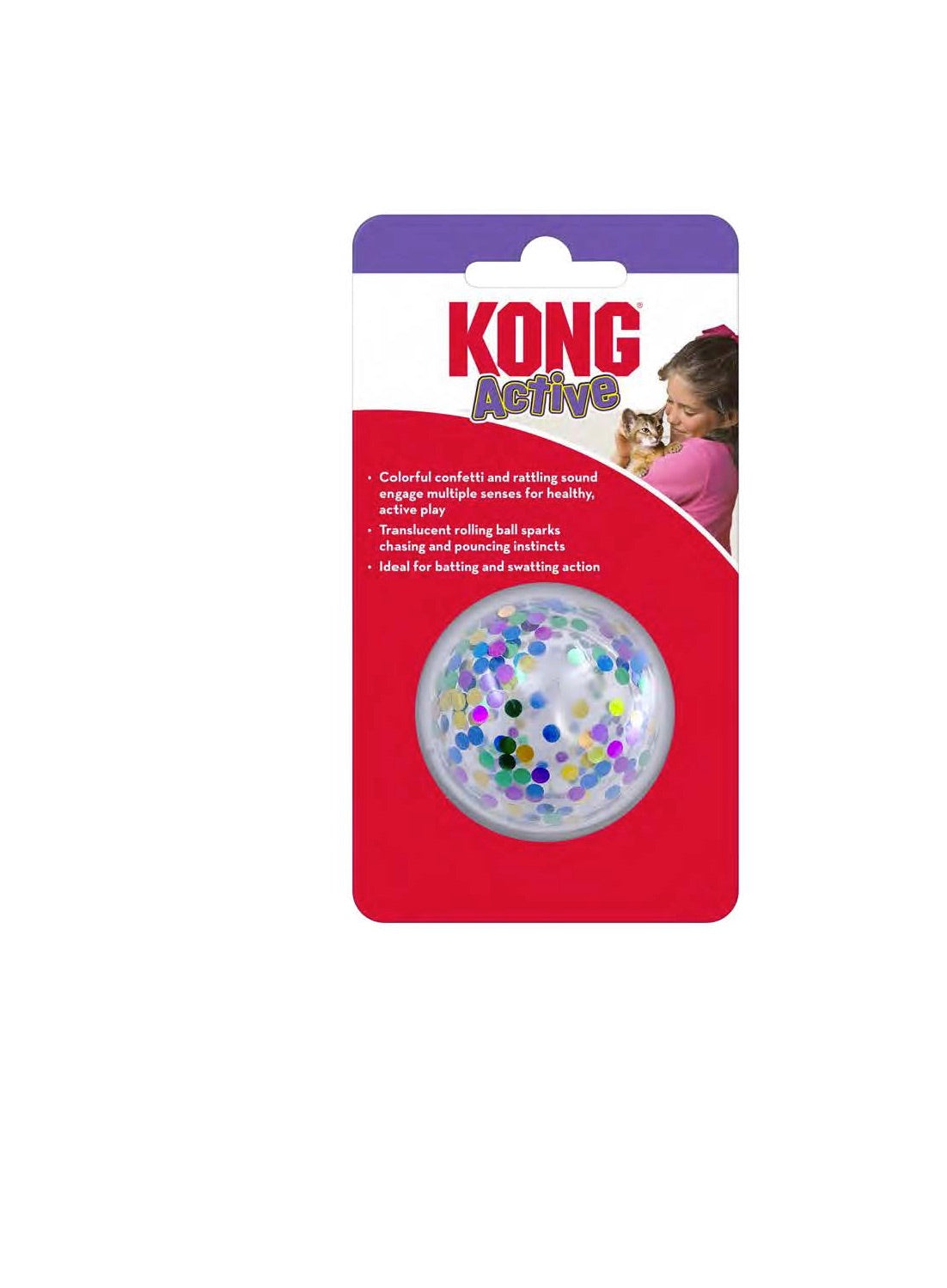 Kong Active cat toy packaging with colorful confetti ball on a white background at Harmony Pet Supplies Scarborough