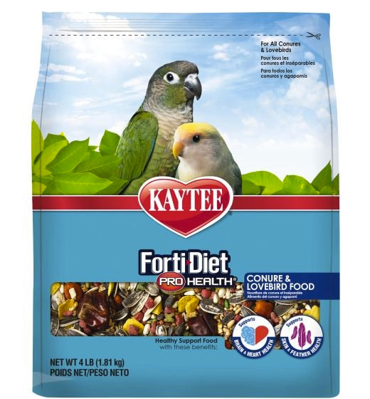 Package of Kaytee Forti Diet Pro Health Conures and Lovebirds food in white background, front.