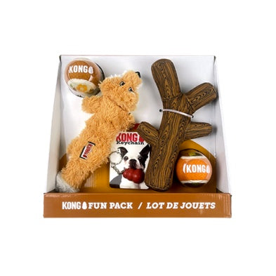 Kong fun pack of dog toys including a plush fox, wooden stick, and ball in packaging.
