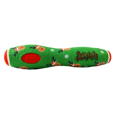 Green dog toy with reindeer pattern and 'Squeaker' text on a white background