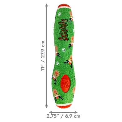 Green dog toy with red accents and Schleich branding, shown with measurements on a white background.