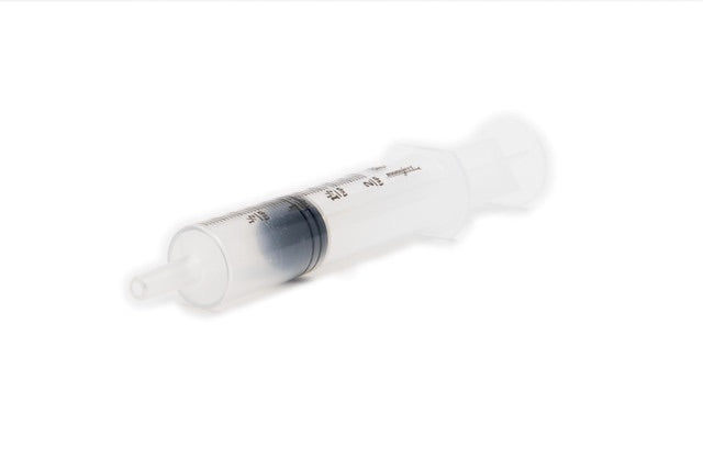 White syringe with black text on a white background