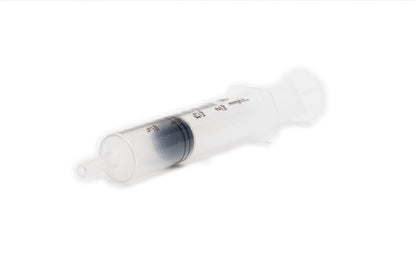 White syringe with black text on a white background