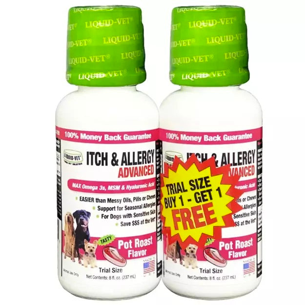 Two bottles of Liquid-Vet K9 Itch & Allergy Advanced for dogs on a white background, Harmony Pet Supplies Scarborough