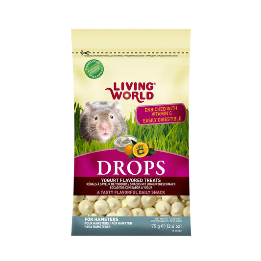 Shop now Living World yogurt-flavored treats package for pet hamsters on a white background, front