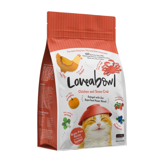 Loveabowl chicken cat food package with red and white design on a white background, front