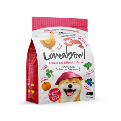 Loveabowl dog food package with chicken, Atlantic lobster, and other ingredients on a white background