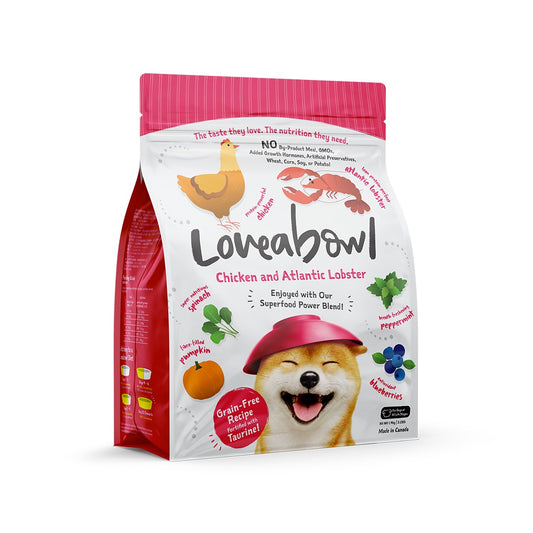 Loveabowl dog food package with chicken, Atlantic lobster, and other ingredients on a white background