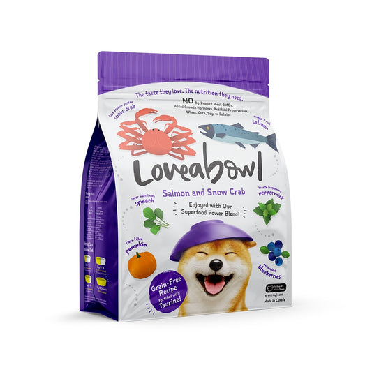 Lovebowl salmon and snow crab dog food package on a white background
