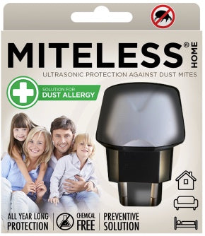Miteless home ultrasonic protection device packaging with family and product image.
