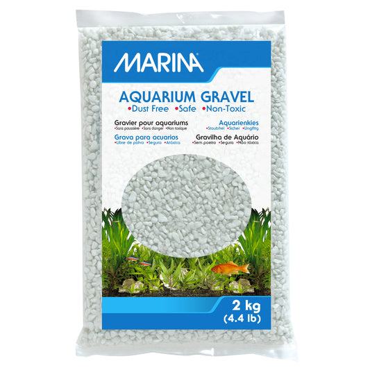 Marina Aquarium Gravel packaging with text and an image of aquarium plants and fish.