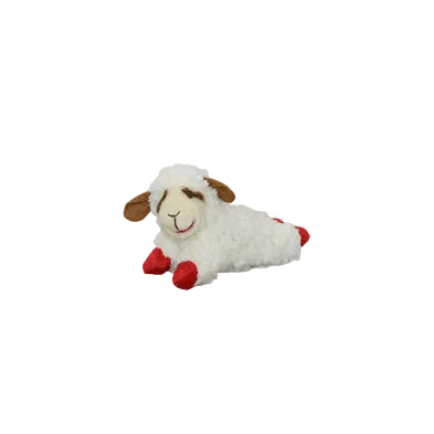 Plush toy sheep with red feet on a white background at Harmony Pet Supplies, Scarborough