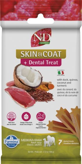N&D Dog treat package for skin, coat, and dental health with visible ingredients on a white background at Harmony Pet Supplies, Scarborough.