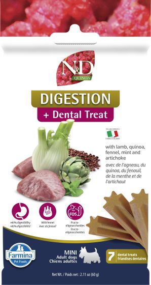 N&D Quinoa Dog treat package for digestion and dental health with visible ingredients on a white background at Harmony Pet Supplies, Scarborough