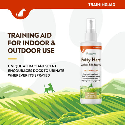 NaturVet Potty Here training aid spray bottle with scenic background