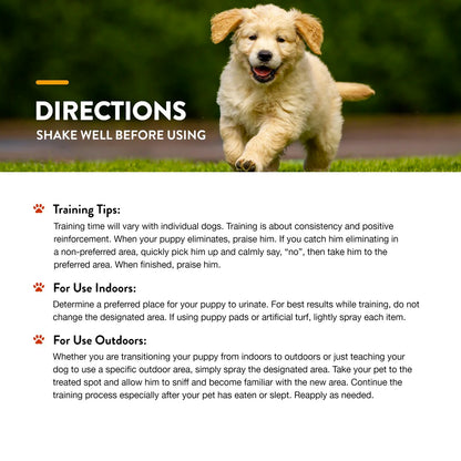 Puppy running on grass with training tips text overlay