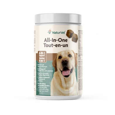 NaturVet All-In-One dog supplement container with a Labrador retriever on the label at Harmony Pet Supplies Scarborough