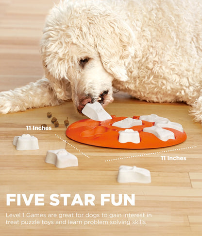 Dog playing with a puzzle toy on a wooden floor