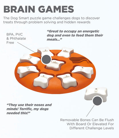 Dog puzzle game with text describing its features and benefits