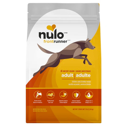 Nulo frontRunner dog food package chicken with a dog illustration on an orange and gray background