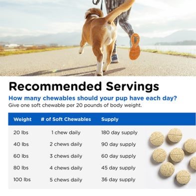 Dog walking on a road with a person, accompanied by text about recommended chewable servings for dogs.