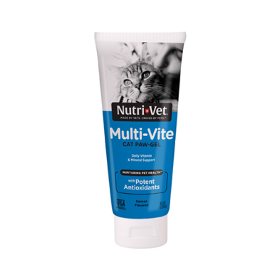A tube of NutriVet Multi-Vite Cat Paw Gel, featuring a white cap and a label with a cat photo, blue and white design, on a solid white background at Harmony Pet Supplies, Scarborough.