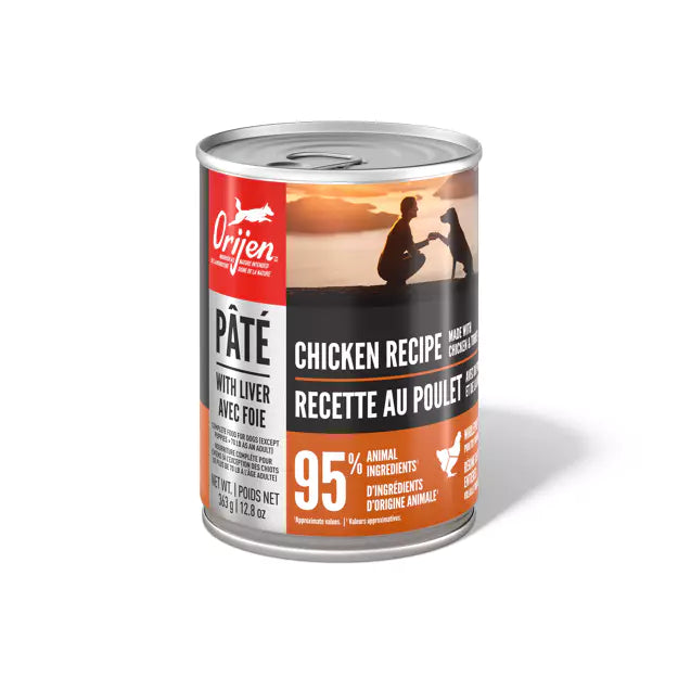 Orijen can of chicken recipe pate with liver on a white background at Harmony Pet Supplies, Scarborough