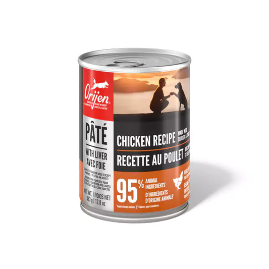 Orijen can of chicken recipe pate with liver on a white background at Harmony Pet Supplies, Scarborough