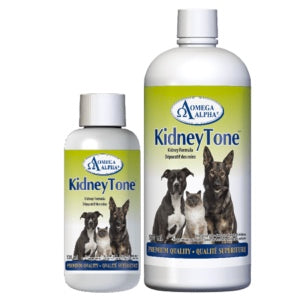 Two bottles of Omega Alpha Kidney Tone supplement for pets on a white background at Harmony Pet Supplies Scarborough