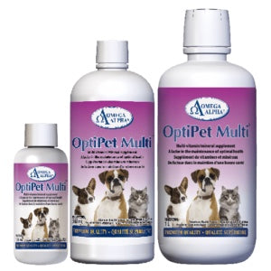 Three bottles of OptiPet Multi on a white background at Harmony Pet Supplies Scarborough