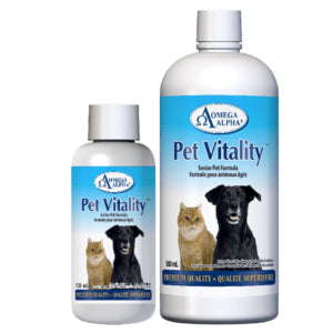 Two bottles of Omega Alpha Pet Vitality for Senior pets on a white background at Harmony Pet Supplies Scarborough
