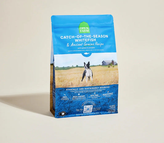 Open farm Dog food package with blue label featuring a dog and scenic background on a beige background, front.