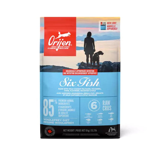 Orijen Six Fish dog food package on a white background. Harmony Pet Supplies, Scarborough