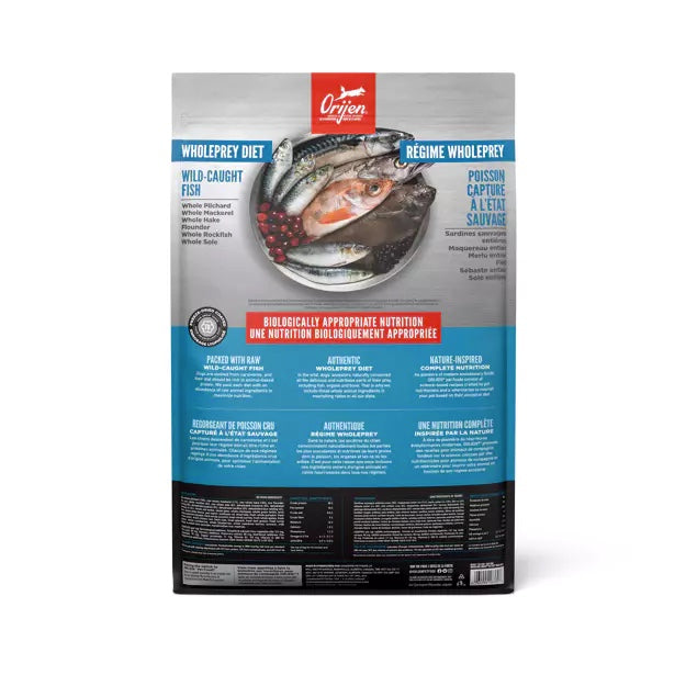 Orijen Six fish pet food package with a focus on wild-caught fish on a white background. Harmony Pet Supplies, Scarborough
