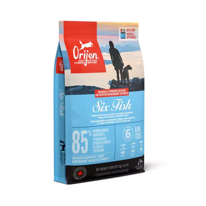 Orijen Six fish side view dog food package with a scenic design on a white background. Harmony Pet Supplies, Scarborough