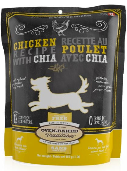 oven-baked Dog food package with chicken recipe and chia seeds on a black and yellow background