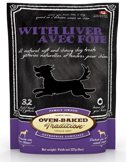 oven-baked tradition Dog treat package with black and purple design featuring a silhouette of a dog and text.