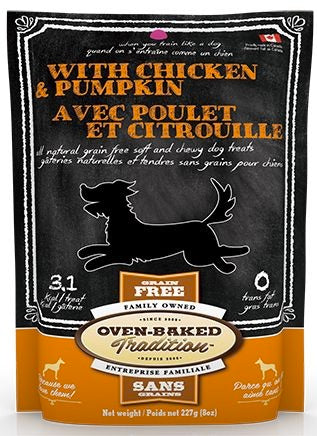 oven-baked Dog food package with chicken and pumpkin flavor on a black background