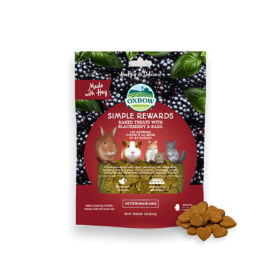A bag of Oxbow Simple Rewards bird and small animal treats with blackberry & pawpaw flavor, shown on a white background with several brown kibble pieces placed in front at Harmony Pet Supplies, Scarborough.