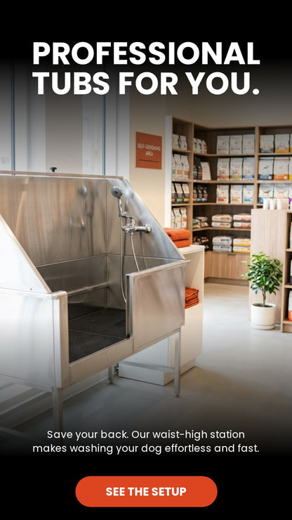 Self serve Dog washing station in a modern indoor setting with shelves and decor at Harmony Pet Supplies Scarborough.