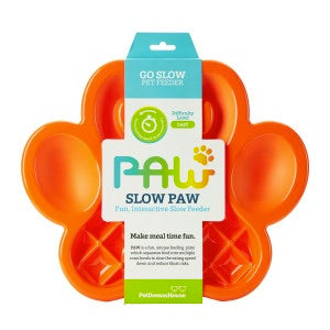 Orange pet toy with 'PAW' branding and packaging on a white background