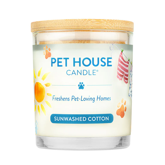 Pet House Candle labeled 'Sunwashed Cotton' on a white background