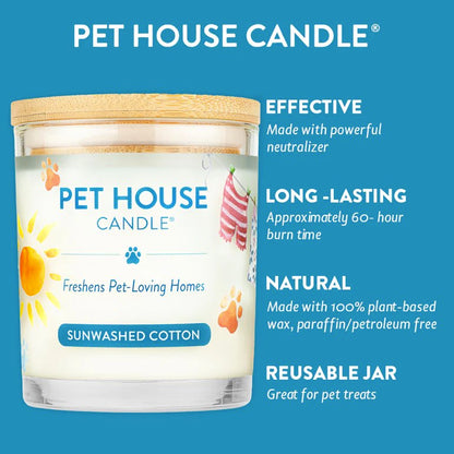 Pet House Candle with features listed on a blue background