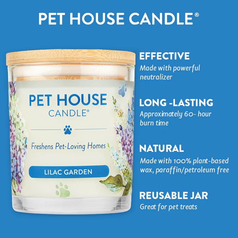 Pet House Candle in lilac garden scent with product features on a blue background