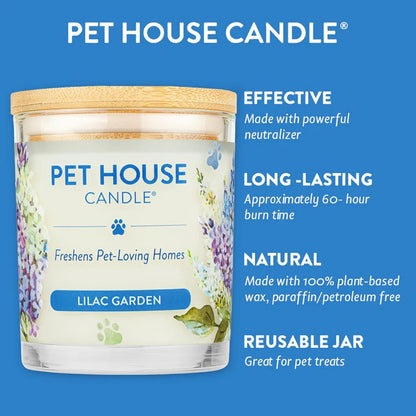 Pet House Candle in lilac garden scent with product features on a blue background