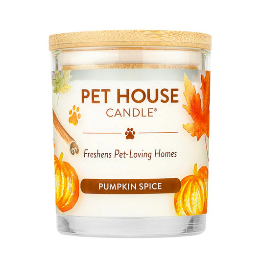 Pet House Candle with pumpkin spice label on a white background