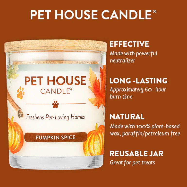Pet House Candle with pumpkin spice flavor on a brown background