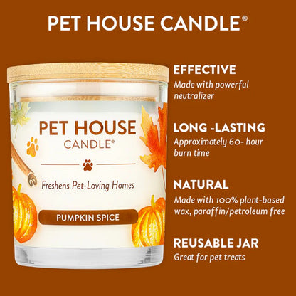 Pet House Candle with pumpkin spice flavor on a brown background